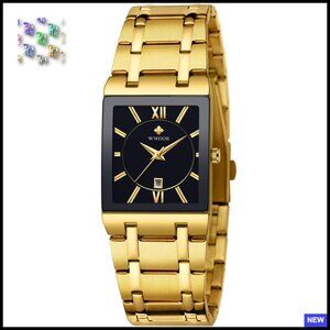 Stainless Steel Square Watch Date Waterproof Analog Quartz Fashion Business